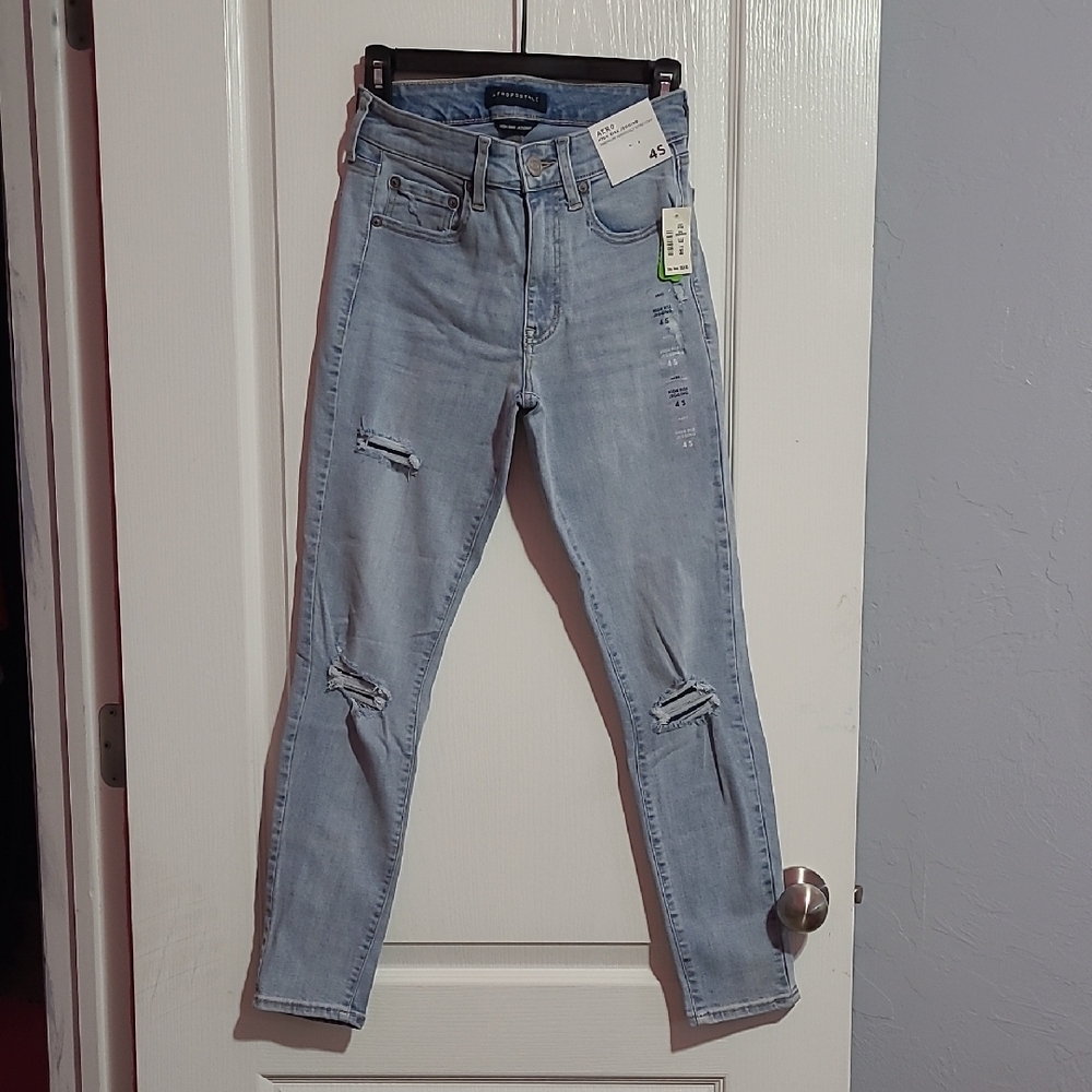 Aeropostale High Rise JeggingLight Blue Denim Stretch Distressed Jeans 4 Short